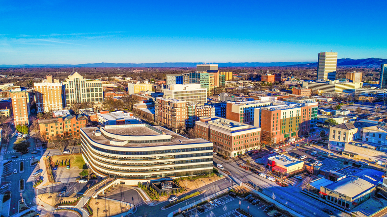 Aerial shot of Greenville, South Carolina - How to choose a personal injury lawyer in Greenville, SC